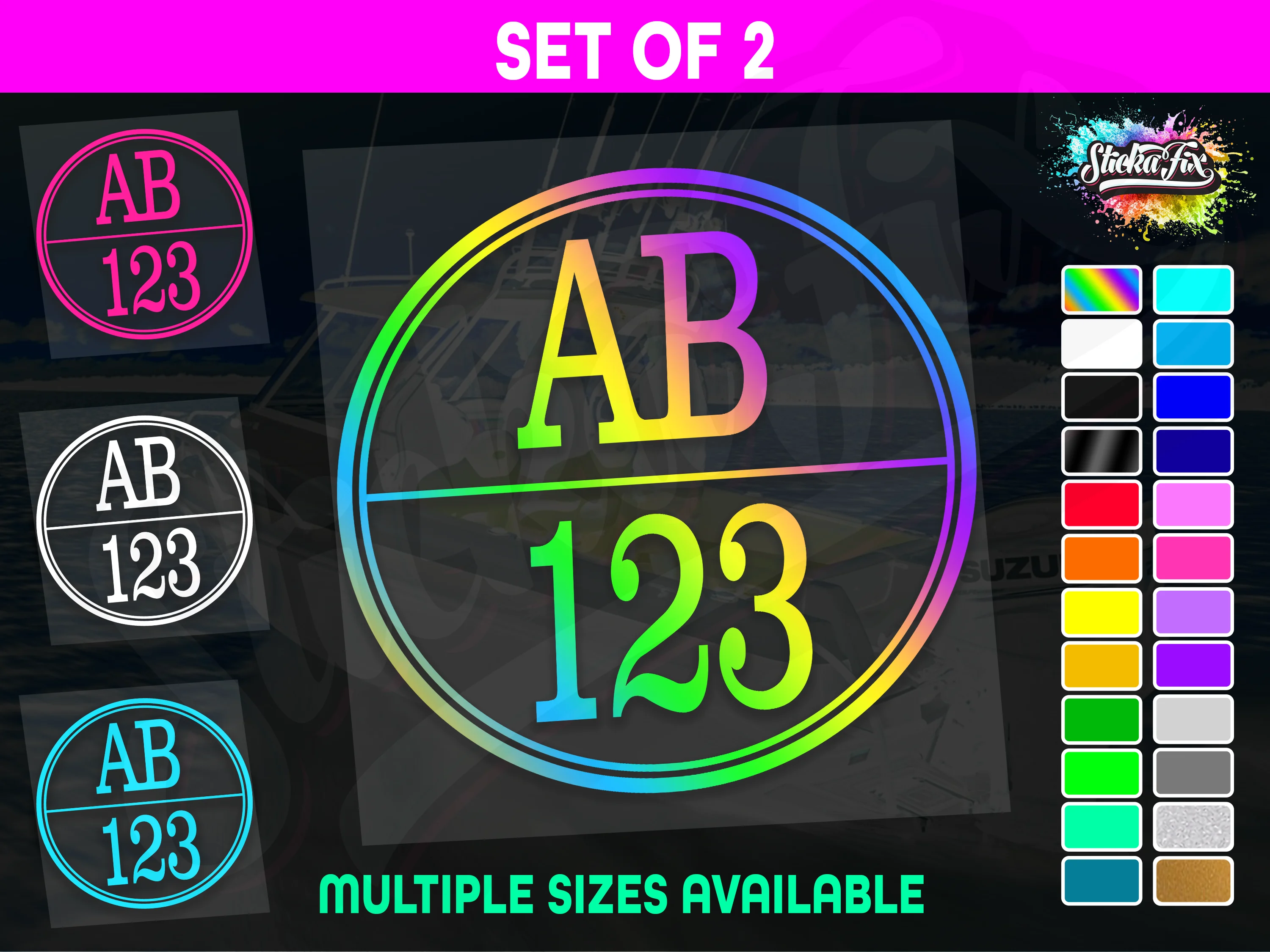 2x Round Custom Boat Rego Sticker Decals Set Vinyl Registration