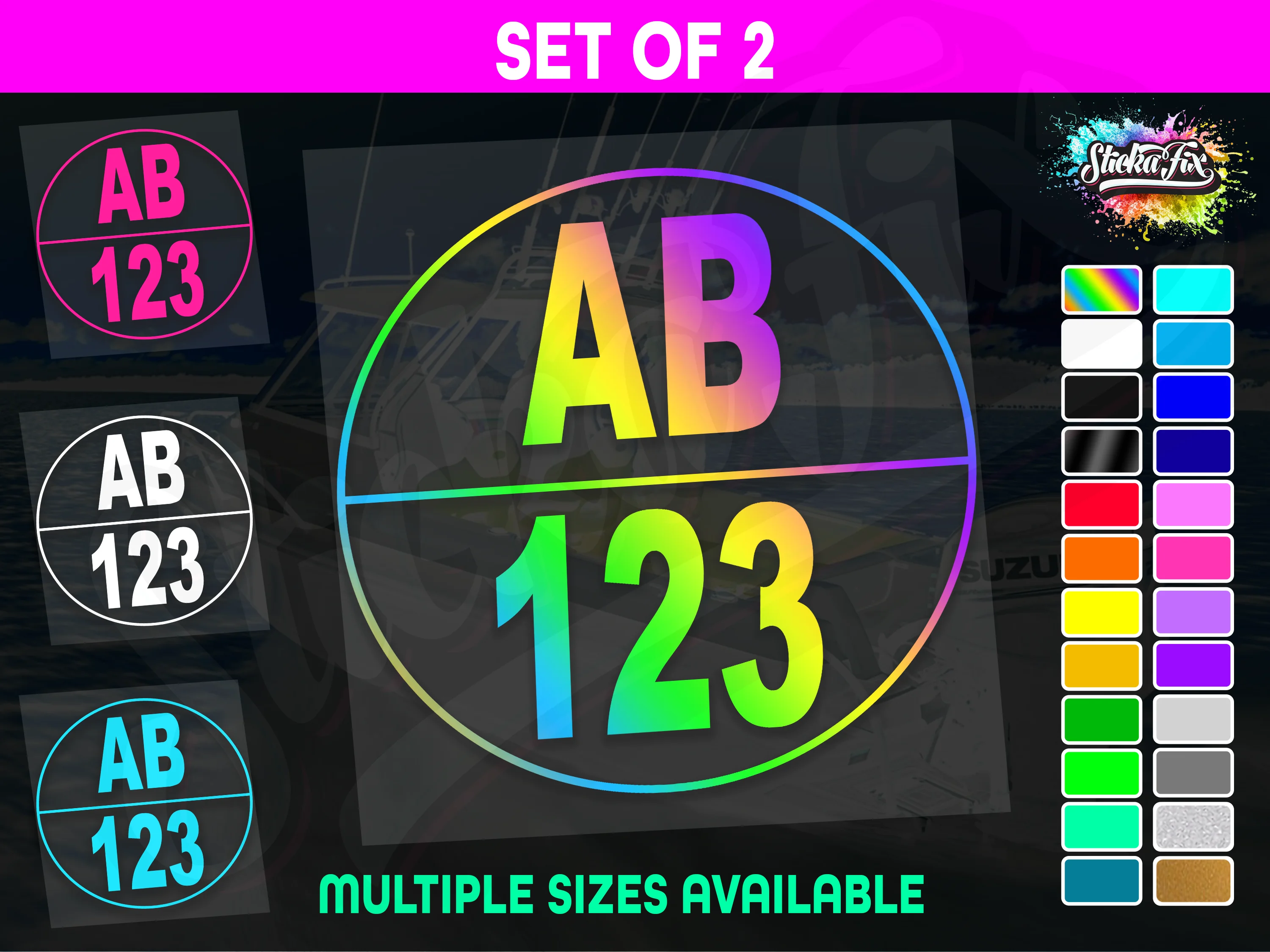 2x Round Custom Boat Rego Sticker Decals Set Vinyl Registration