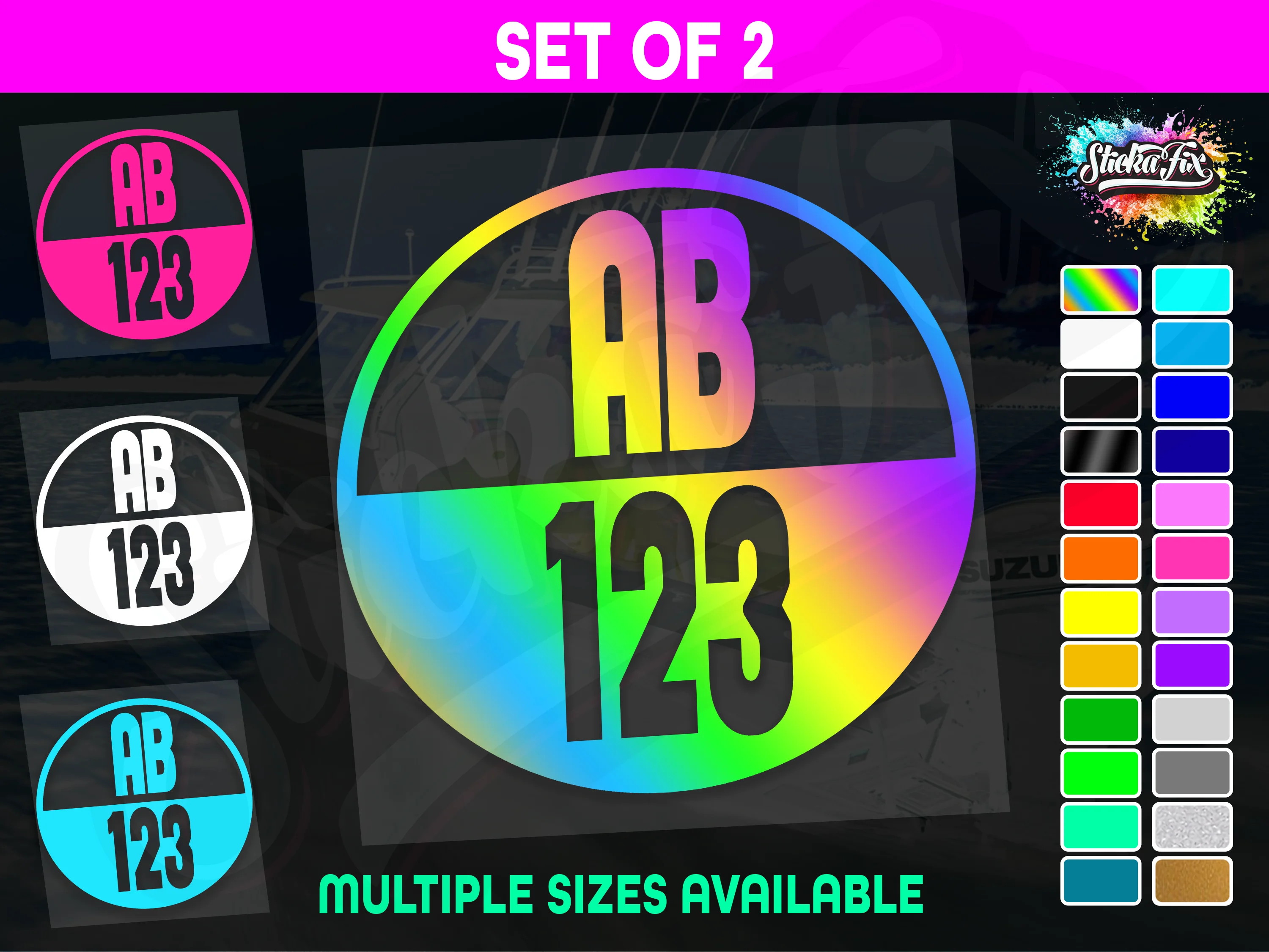 2x Round Custom Boat Rego Sticker Decals Set Vinyl Registration