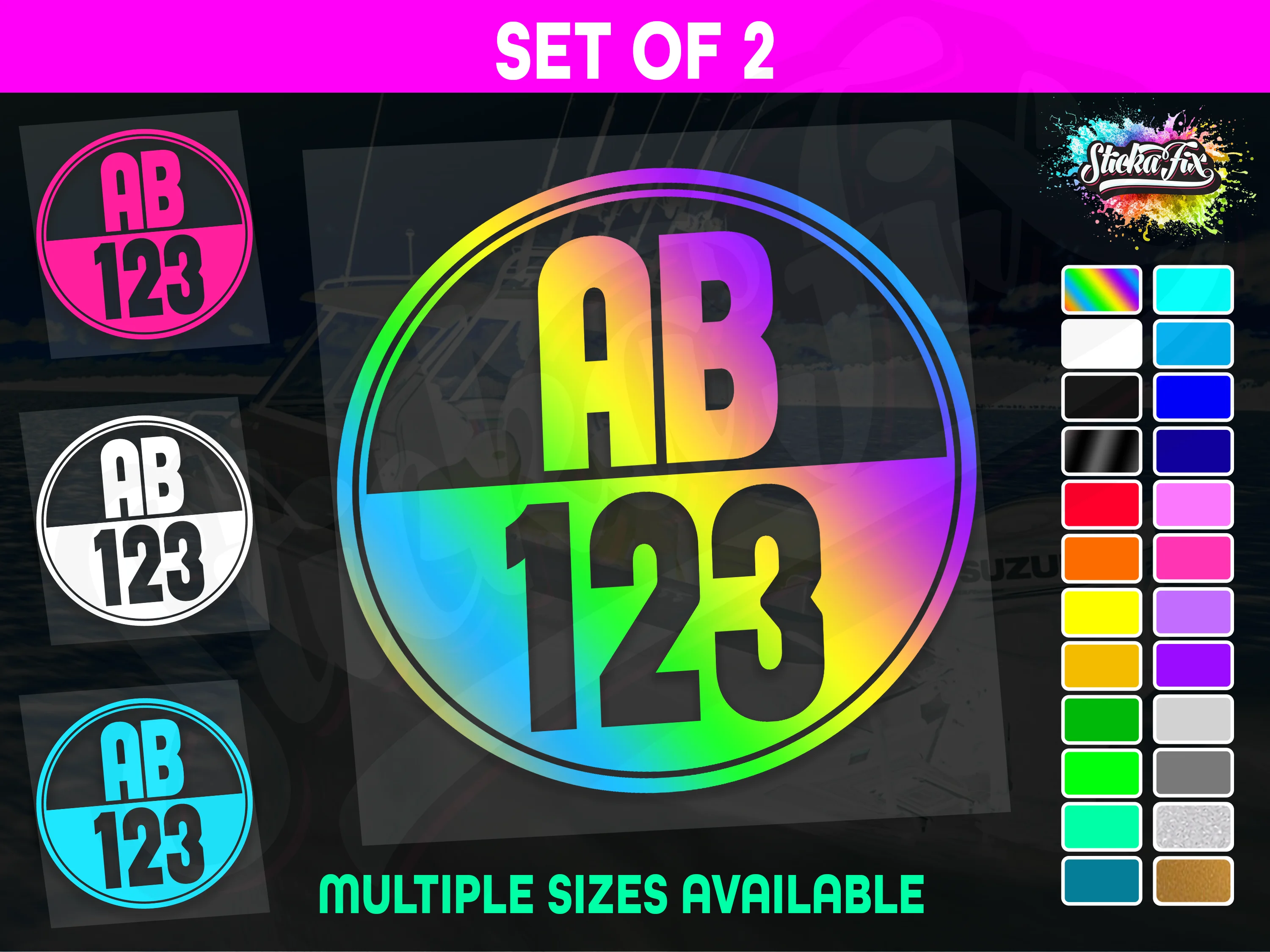 2x Round Custom Boat Rego Sticker Decals Set Vinyl Registration