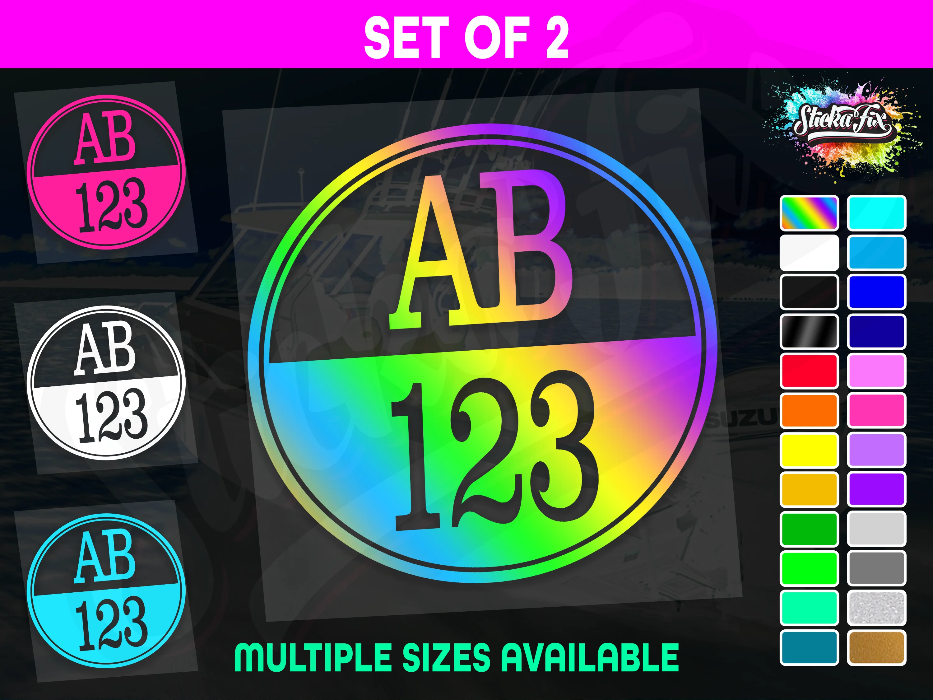 2x Round Custom Boat Rego Sticker Decals Set Vinyl Registration
