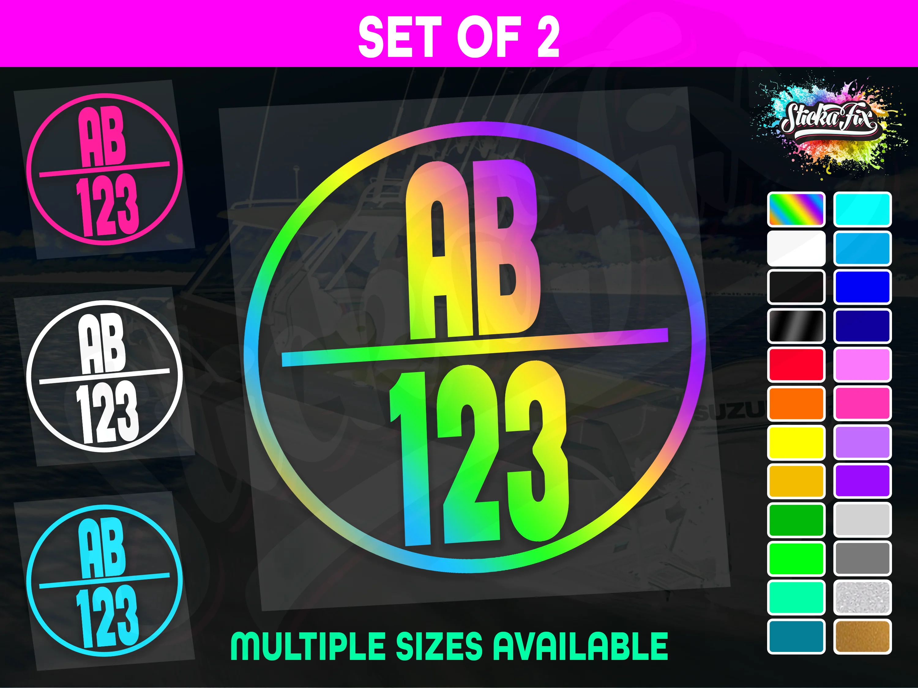 2x Round Custom Boat Rego Sticker Decals Set Vinyl Registration