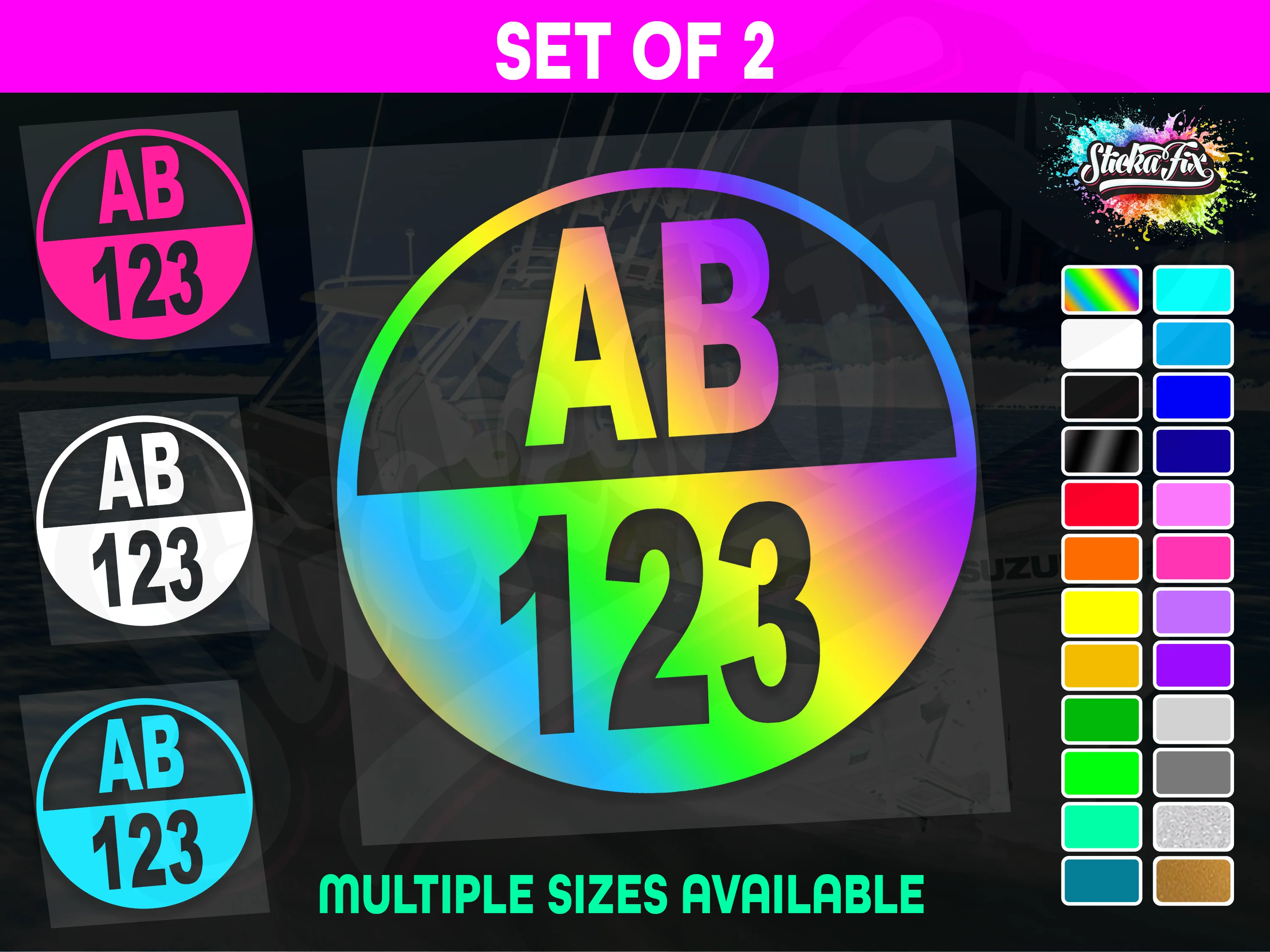 2x Round Custom Boat Rego Sticker Decals Set Vinyl Registration
