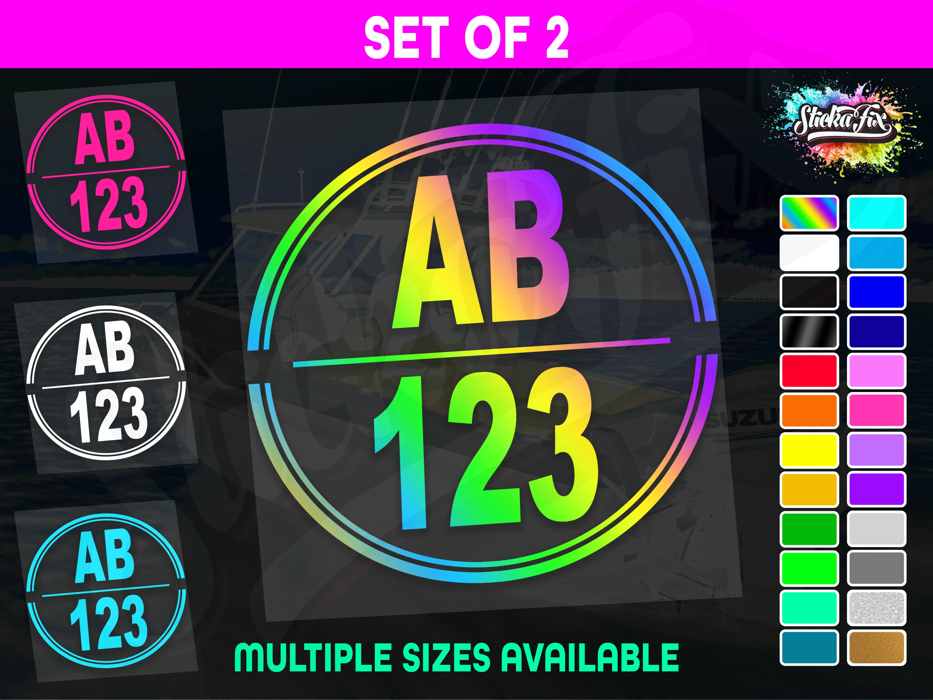 2x Round Custom Boat Rego Sticker Decals Set Vinyl Registration