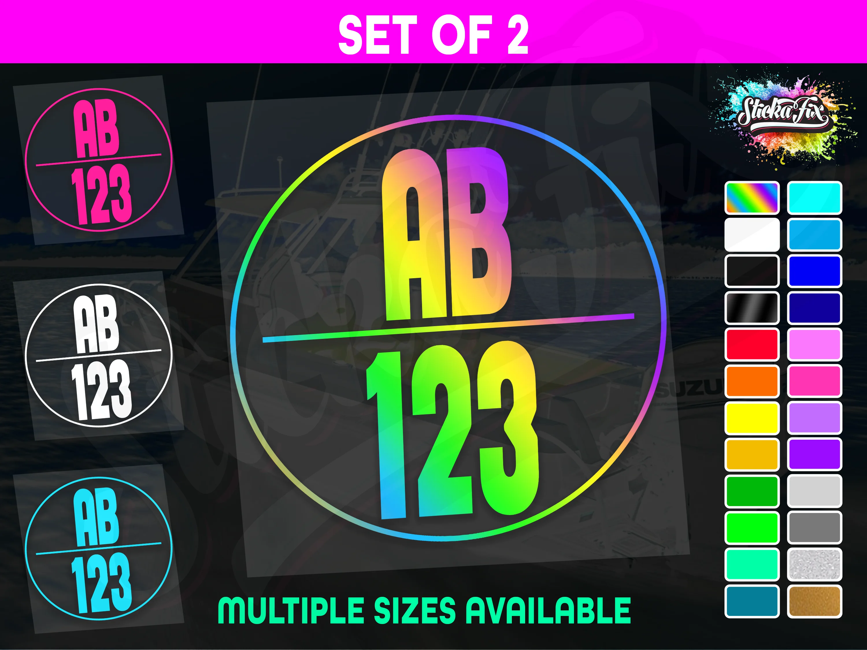 2x Round Custom Boat Rego Sticker Decals Set Vinyl Registration