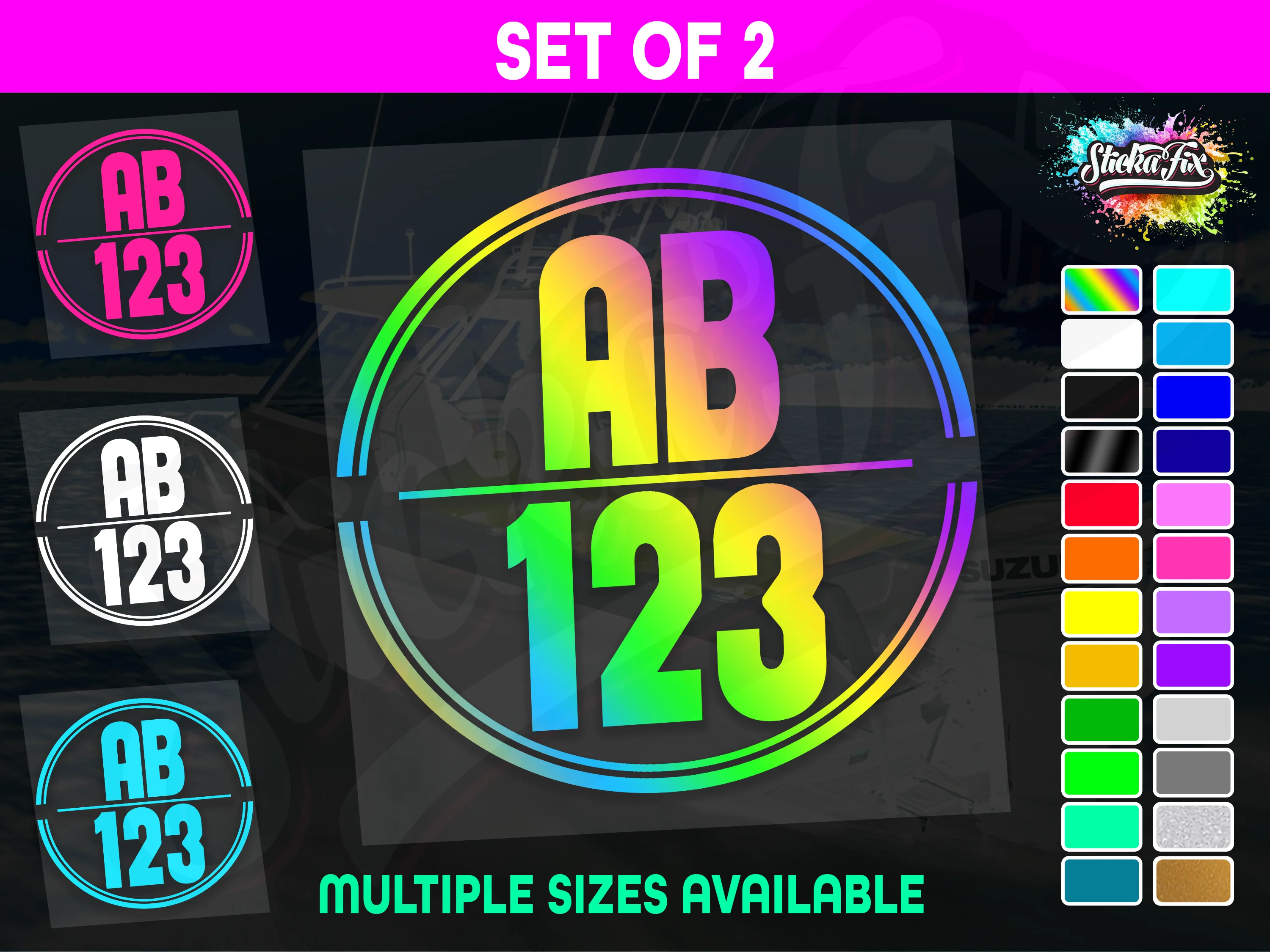 2x Round Custom Boat Rego Sticker Decals Set Vinyl Registration