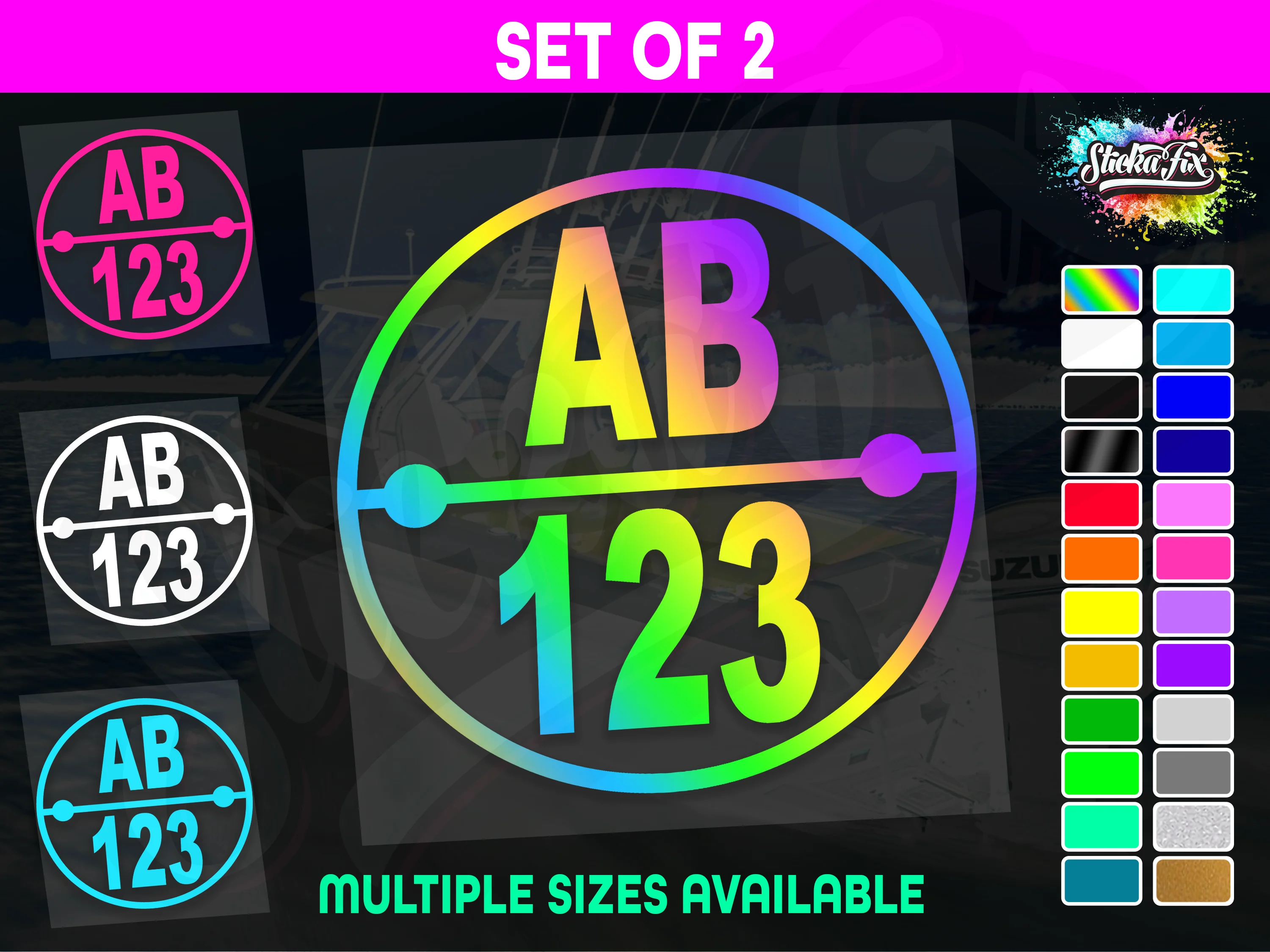 2x Round Custom Boat Rego Sticker Decals Set Vinyl Registration
