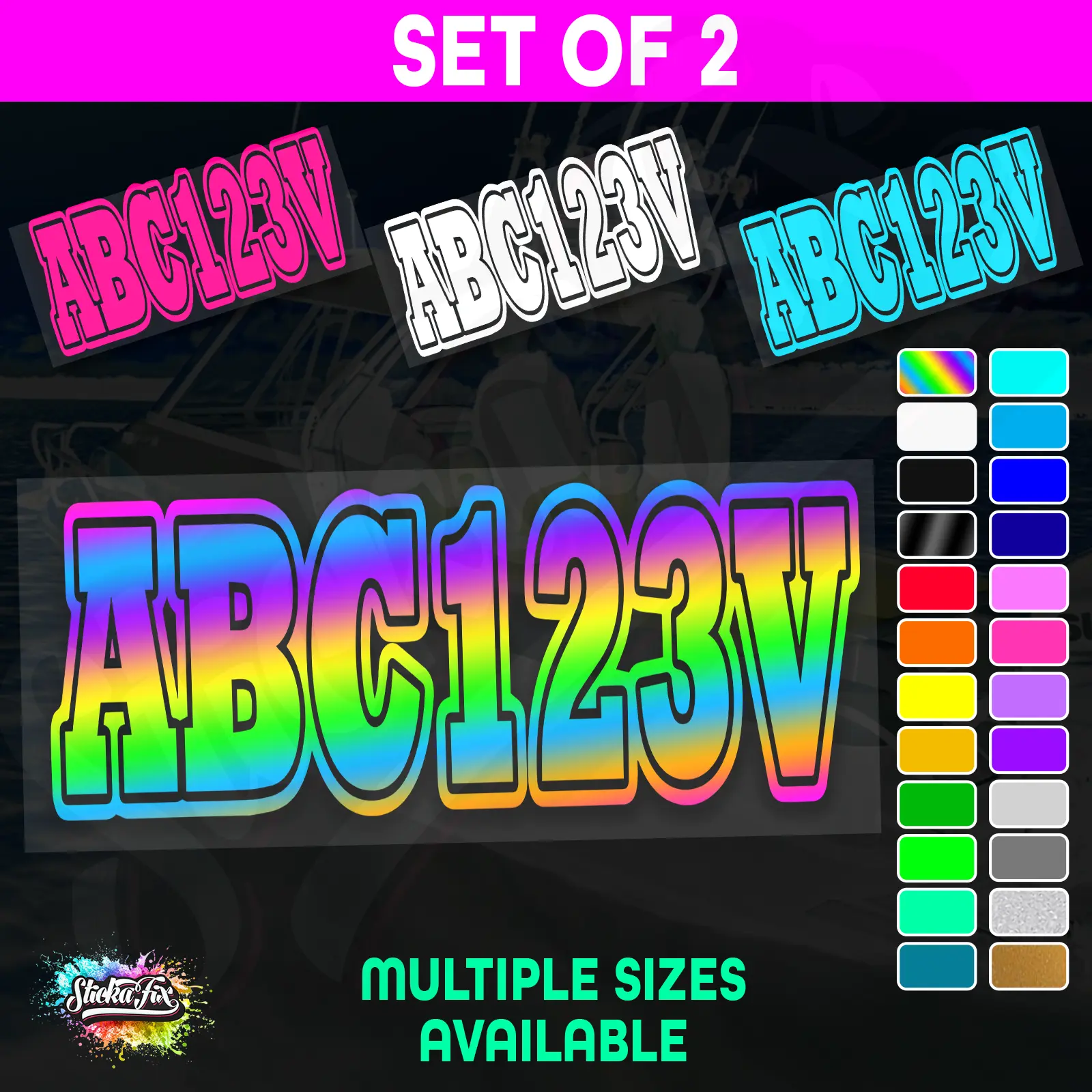 2x Boat Rego Sticker Decals Set 150mm High Vinyl Registration 200mm 250mm 300mm