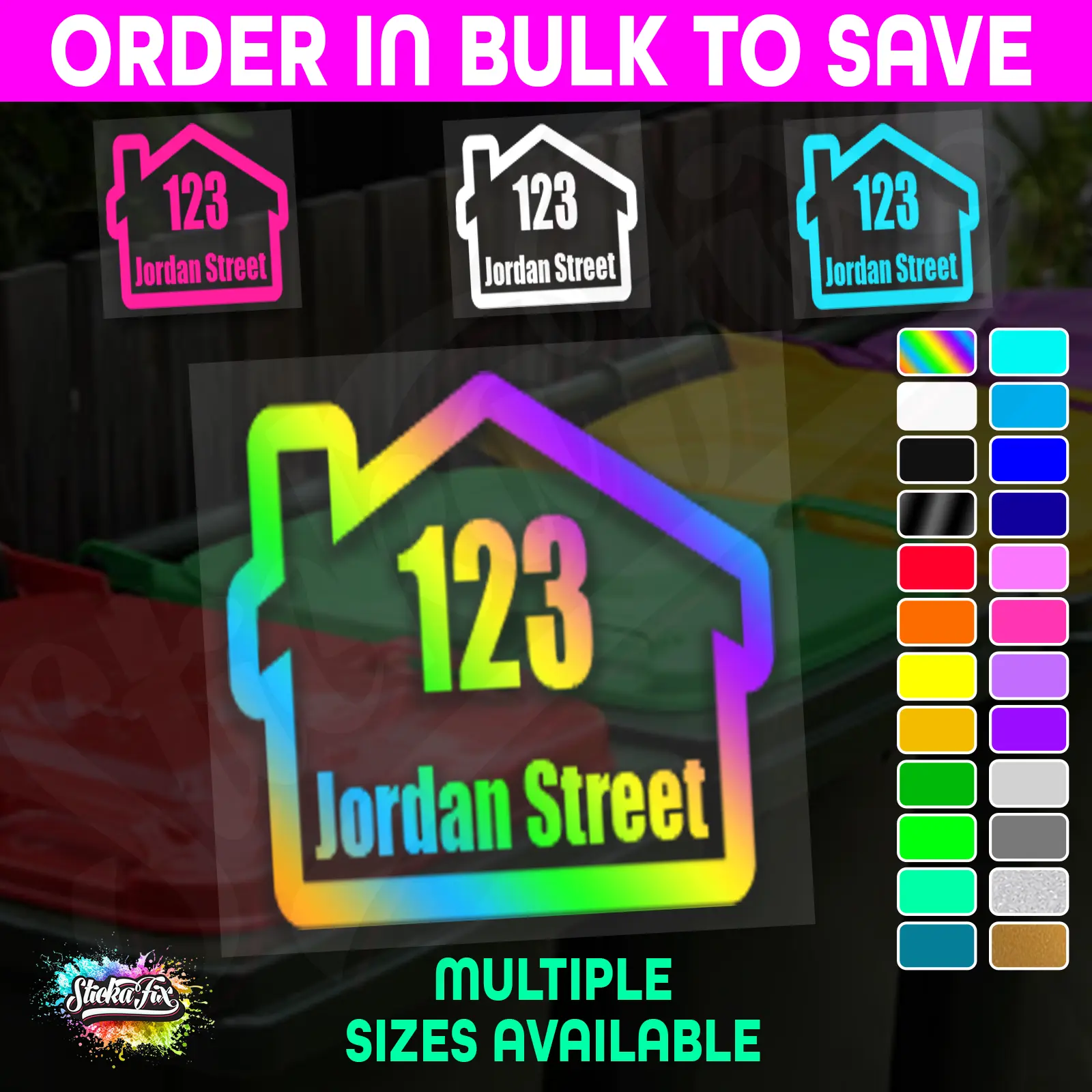 Custom Bin Sticker Street Name Number Wheelie Garbage Rubbish Vinyl Decal