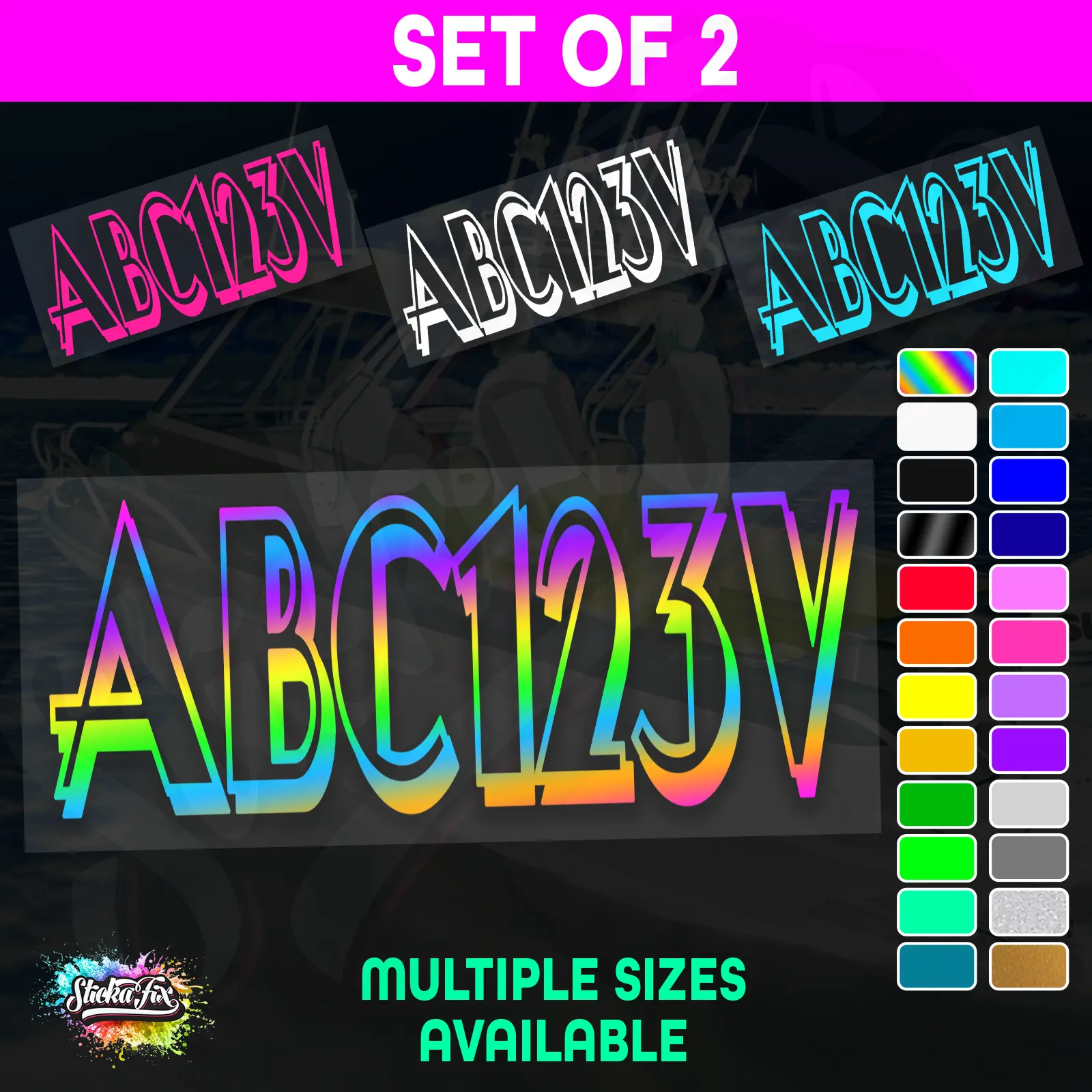 2x Boat Rego Sticker Decals Set 150mm High Vinyl Registration 200mm 250mm 300mm