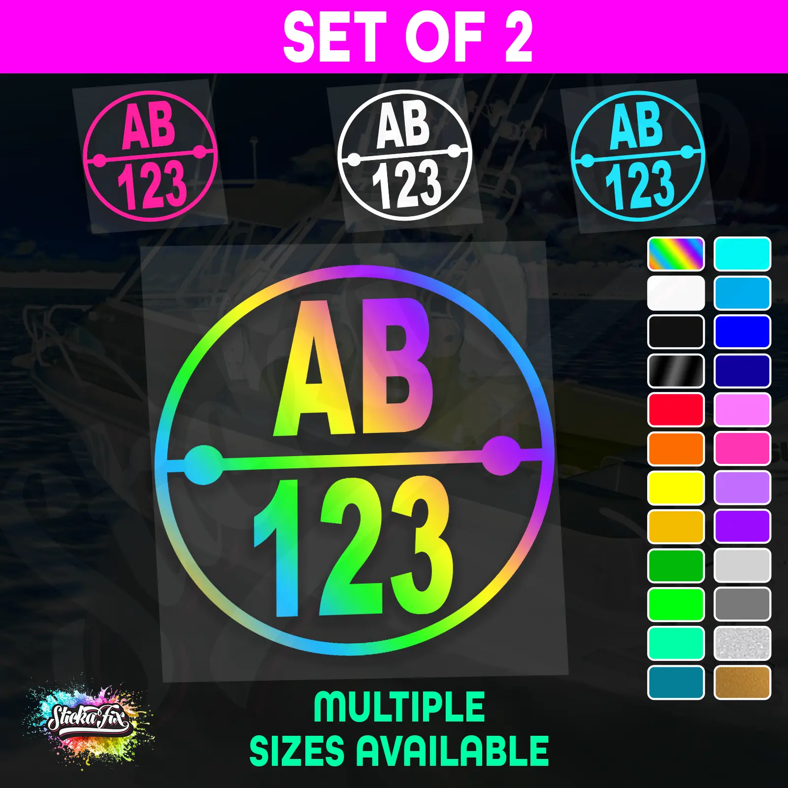 2x Round Custom Boat Rego Sticker Decals Set Vinyl Registration