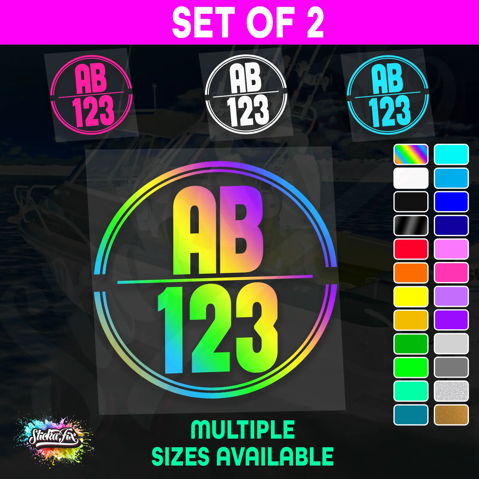 2x Round Custom Boat Rego Sticker Decals Set Vinyl Registration