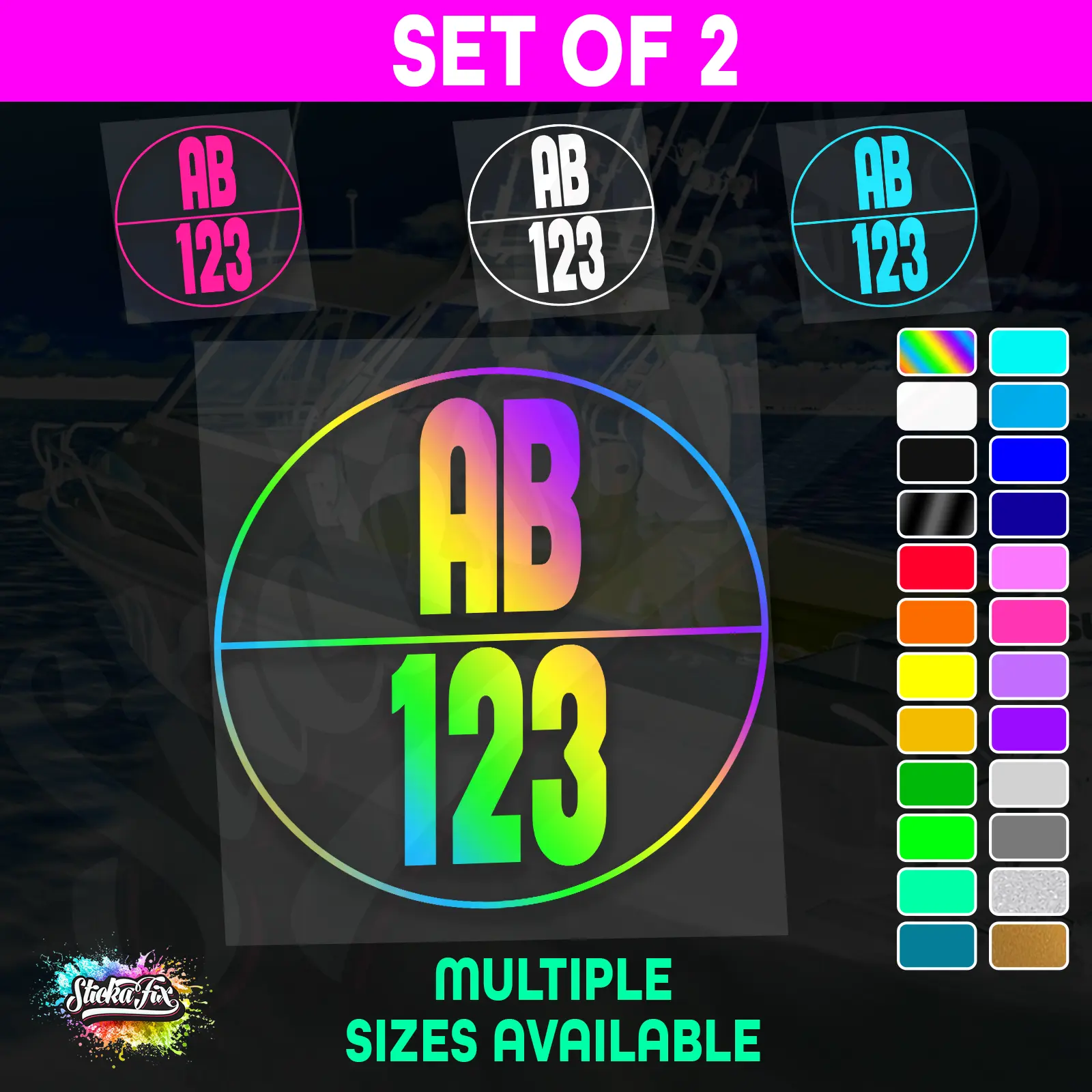 2x Round Custom Boat Rego Sticker Decals Set Vinyl Registration