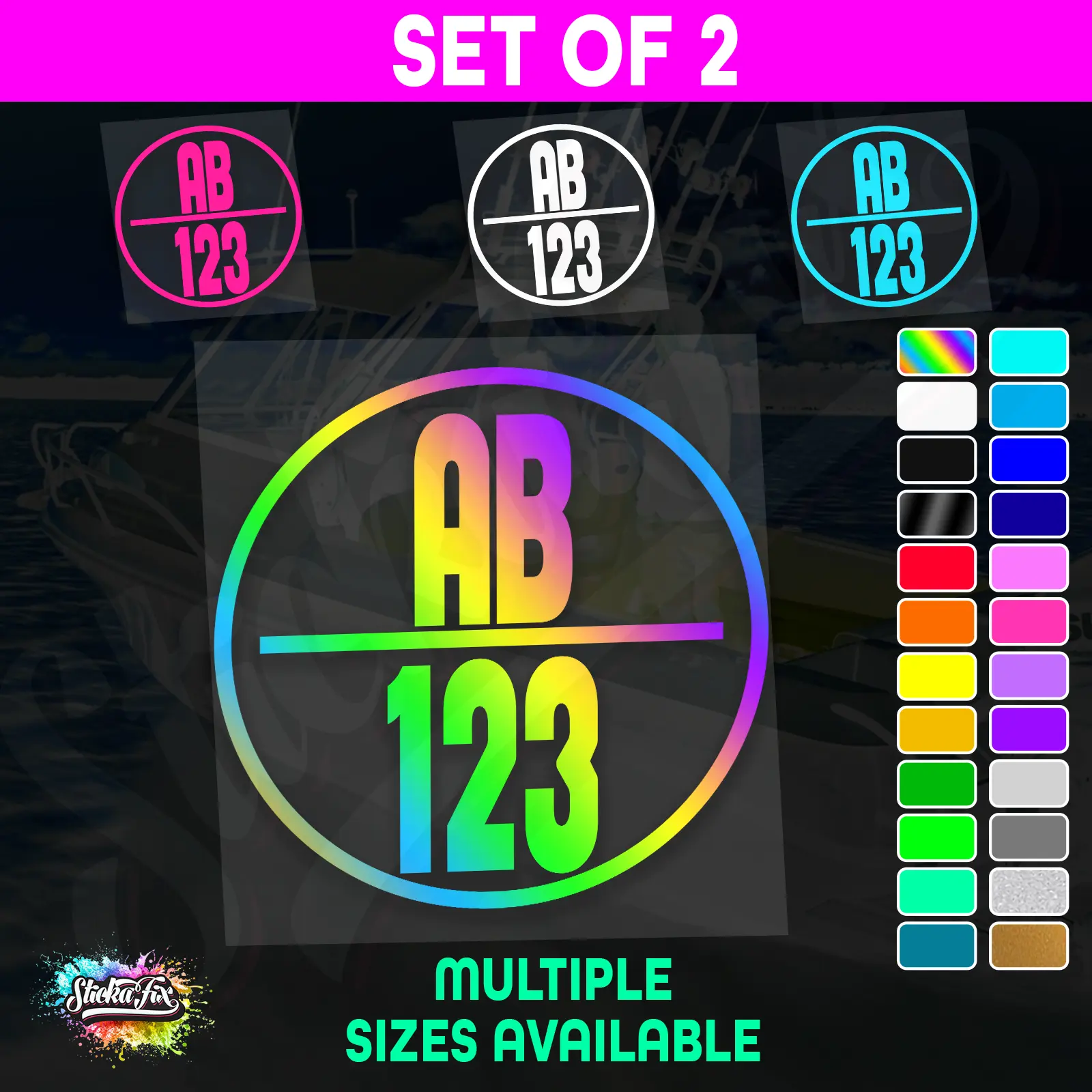 2x Round Custom Boat Rego Sticker Decals Set Vinyl Registration